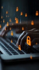 Wall Mural - hands typing on laptop keyboard, overlaid with binary code and glowing padlock icons, symbolizing on