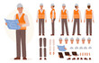 © Irina Strelnikova - Civil engineer wearing hard hat holding construction project drawing. Character constructor for animation. Front, side and back view set. Body parts, postures, poses collection. Vector illustration.