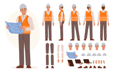 Wall Mural - civil engineer wearing hard hat holding construction project drawing. character constructor for anim