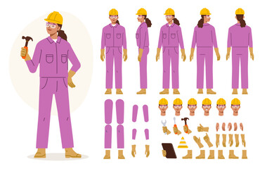 Wall Mural - technician worker wearing overall uniform, protective goggle holding hammer tool. character for anim