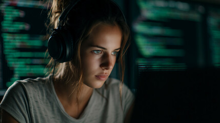 Young woman wearing headphones, focused on laptop screen displaying green code, showcasing concentration and dedication in tech work
