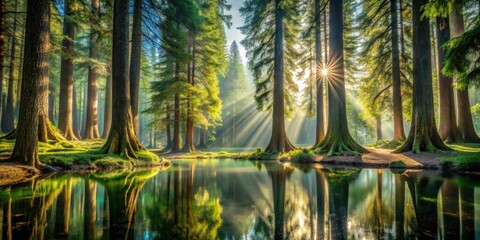 Poster - Serene sunrise illuminating a tranquil forest pond reflecting majestic trees, creating a breathtaking natural scene of peaceful beauty