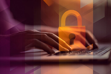 Wall Mural - hands typing on laptop keyboard, overlaid with padlock graphic, suggesting online security and data 