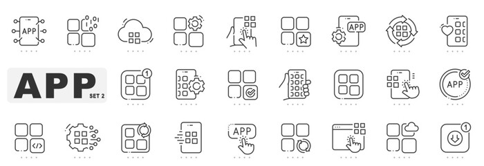 Set of mobile app related line icons. Device, screen, application, program etc. Editable stroke. Set 2