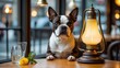 © PURE SP - A charming small dog seated at a rustic wooden table next to a vintage lantern, with flower accents, in a warm café atmosphere