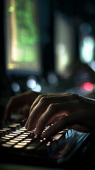 Wall Mural - close-up of hands typing on keyboard at night, illuminated screen in background, suggesting late-nig