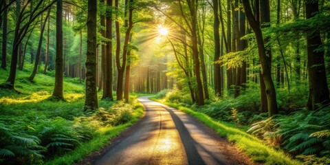 Poster - Sunlit Pathway Through Verdant Forest Canopy, Golden Hour Illumination on Winding Road