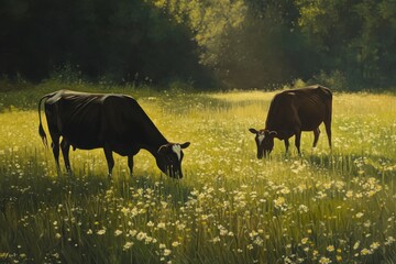 Wall Mural - Cows Grazing in Sunlit Meadow