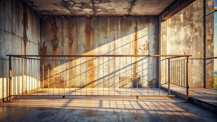 Poster - Sunlit Balcony with Rusted Wall and Metal Railing in an Aged Structure