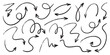 © Yuliia Osadcha - Pencil chalk arrow scribbles collection - doodle pointers, curved lines, round swirls hand drawn. Chaotic artistic strokes, marker design elements set. Sketchy black outline drawings vector pack.