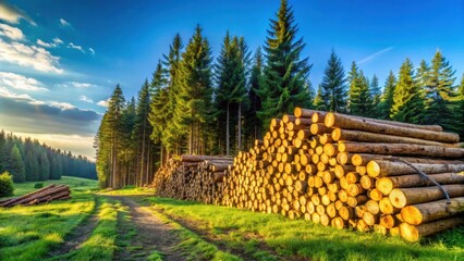 Aufkleber - Serene Sunset over a Forest Path with Stacks of Timber
