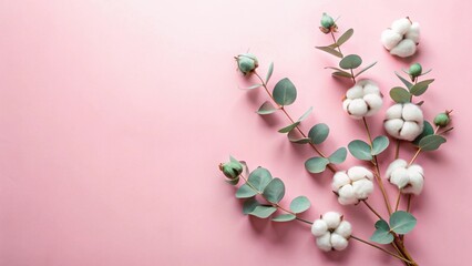 Aufkleber - Delicate cotton blossoms and eucalyptus sprigs arranged on a soft pink background, creating a serene and minimalist floral composition.