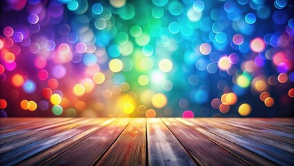 Poster - Vibrant bokeh lights illuminate a rustic wooden surface, perfect for showcasing products or creating festive designs.