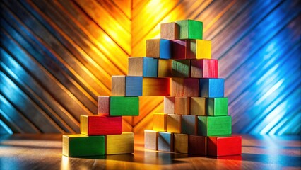 Poster - A vibrant arrangement of colorful wooden blocks forms an archway structure against a backdrop of warm and cool toned wooden planks.