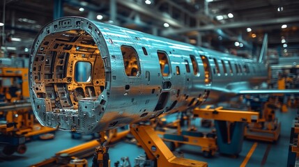 Fototapete - A large assembly of an aircraft fuselage made of metal is in progress at a state of the art aerospace manufacturing facility. Workers utilize advanced equipment and tools for construction.