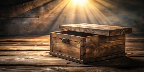 Poster - A rustic wooden chest sits open, bathed in warm light, revealing its empty interior on a weathered wooden surface; a scene evocative of mystery and untold stories
