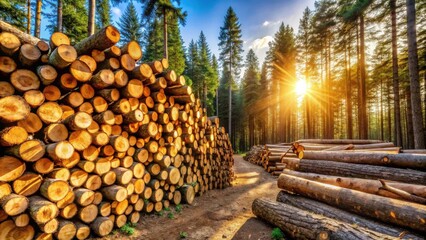 Poster - Golden Hour Lumber Harvest in a Pine Forest Sunbeams Illuminate Stacks of Cut Logs along a Rustic Path