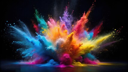 Poster - A vibrant explosion of multicolored powder against a dark background, showcasing a dynamic burst of color and texture, ideal for design projects needing a striking visual element.