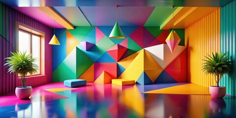 Poster - Vibrant Geometric Interior Design with Colorful Wall Panels, Reflective Floor, and Hanging Lamps