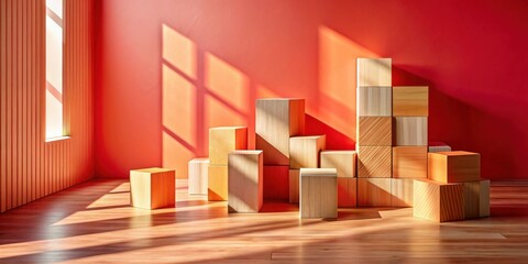 Poster - Sunlit Wooden Blocks Arranged in a Room with Coral Walls