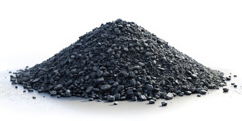 Poster - A sizable heap of dark gray aggregate stones, meticulously arranged on a light gray surface against a stark white backdrop