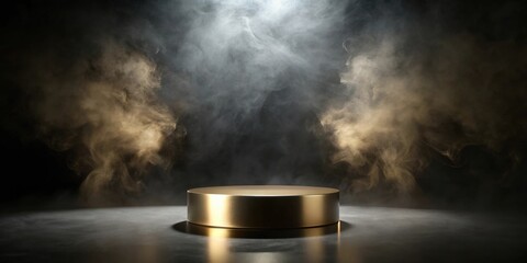 Poster - Golden cylindrical platform on dark surface with smoky background, ideal for product display or presentation