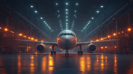 Aufkleber - An aircraft is positioned within a spacious industrial hangar, illuminated by bright overhead lights. Engineers are performing maintenance, highlighting advanced infrastructure.