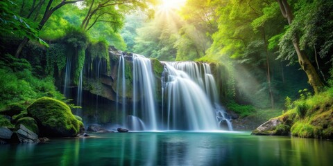 Poster - Serene Waterfall Cascading Through Lush Green Forest, Bathed in Sunlight's Golden Rays