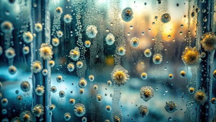 Aufkleber - Abstract Water Droplets and Floral Elements on Glass Surface, Illuminated by Warm Light