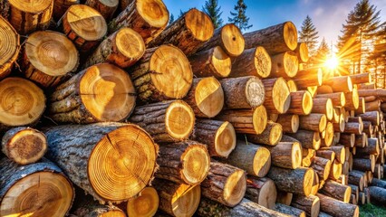 Poster - Golden Hour Lumber Stack  A sunlit collection of freshly cut logs, meticulously arranged in a towering stack, showcasing the warm hues and natural textures of the wood.