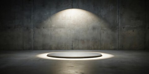 Poster - Empty Circular Platform in a Dark Concrete Room Illuminated by a Single Spotlight