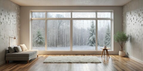 Poster - Cozy Interior Scene with Rain-Streaked Window Offering a View of Snowy Trees and a Comfortable Low Seat