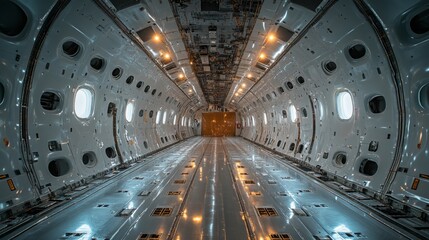 Aufkleber - A high tech aerospace setting showcases a sleek, empty aircraft fuselage with metallic surfaces, bright overhead lights, and structural components for cutting edge design and construction.