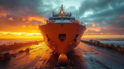 Aufkleber - A massive ship is docked as the sun sets, casting a warm glow over the scene. The sky is filled with dynamic clouds, reflecting off the wet surfaces, showcasing the maritime sector's activity.