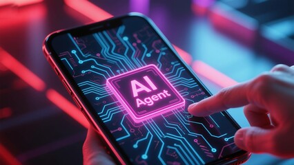 AI Agent Technology on Smartphone Screen Futuristic Neon Circuitry Design