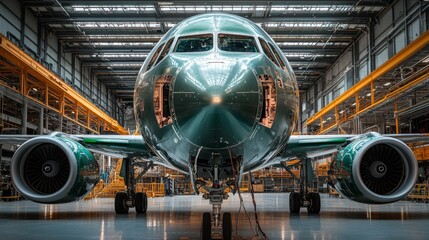 Fototapete - An aircraft is in the process of assembly within a manufacturing facility, showcasing cutting edge engineering. Workers and machinery are present, emphasizing industrial activity and innovation.