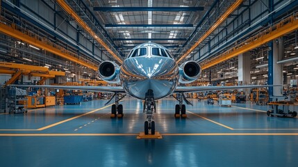 Poster - A cutting edge aerospace manufacturing facility is highlighted with an aircraft in assembly. Engineers and workers engage in detailed construction tasks within a spacious industrial environment.