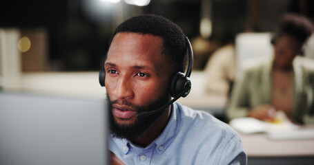 Poster - Contact center, man or computer for customer service help, sales consulting or loan advice in night. Call, financial advisor or research for finance questions with smile for feedback or banking limit