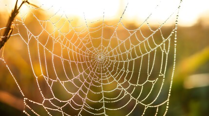 Spiderweb with dew drops glistening in morning light nature photography golden hour intricate design