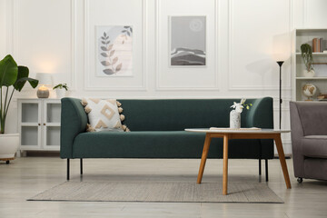 Poster - Stylish living room interior. Comfortable sofa, coffee table and houseplant indoors
