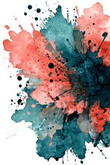 Poster - Abstract Watercolor Splash: Vibrant hues of coral and teal merge in a dynamic burst of color, punctuated by scattered black droplets.