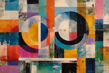 Aufkleber - Geometric Harmony: A Textured Abstract Painting with Interlocking Circles and Vibrant Squares