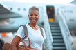 © Olena - Elderly black woman confident, smiling with short hair in white t-shirt and jeans stands near airplane steps with suitcase on runway, waiting for flight and new adventures