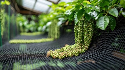 Lush green clusters of unripe fruit hang beneath lush foliage