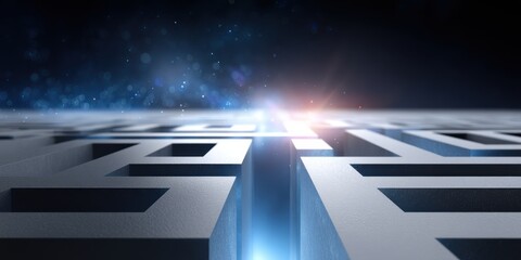 Abstract 3D rendering of a metallic maze with glowing light at the end, suggesting a path to a solution or goal.