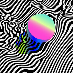 Aufkleber - Vector illustration in futuristic op-art style: wavy black and white stripes with a bold iridescent gradient sphere. Combines 3D illusion and vibrant color, reflecting the trending neo-minimal look.