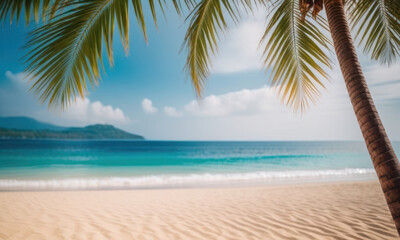 Wall Mural - A serene beach scene with a palm tree standing tall in the foreground, perfect for use in travel or relaxation-themed designs