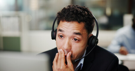 Aufkleber - Man, call center and computer with stress in office, communication or telecom mistake with burnout. Contact us, customer service and help desk fail, tired or fatigue with agent in coworking space