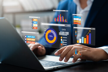 Leinwandbilder - Data science and business intelligence, Business data analytics, Analyst using big data dashboard for performance evaluation, KPI metrics, Strategic decision making with AI and technology.