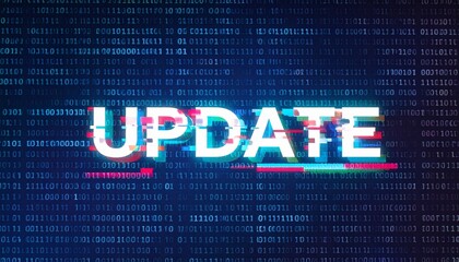 digital update banner over binary code background, a modern tech concept. an overlay of text with di